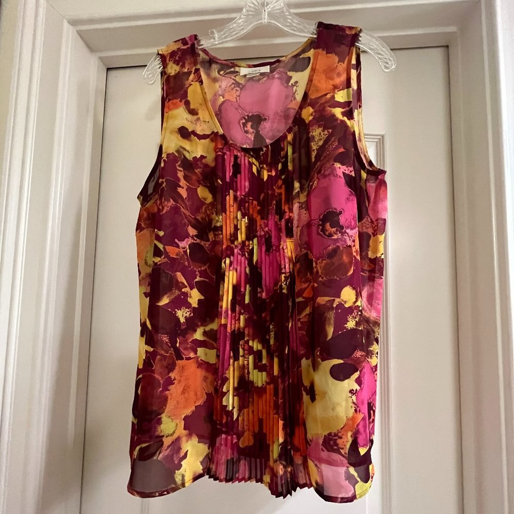 Loft Sz L red orange pink & yellow pleated sleeveless sheer shell